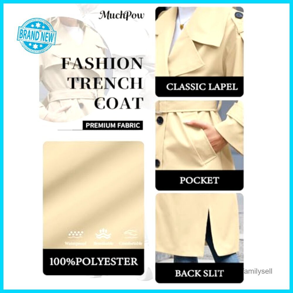 Oversized Double Breasted Trench Coat Classic Elegant Windproof Overcoat with - Picture 2 of 7